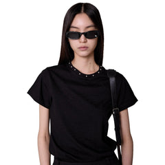KIMHEKIM PEARL EMBELLISHED NECK LINE SLIM FIT T-SHIRT
