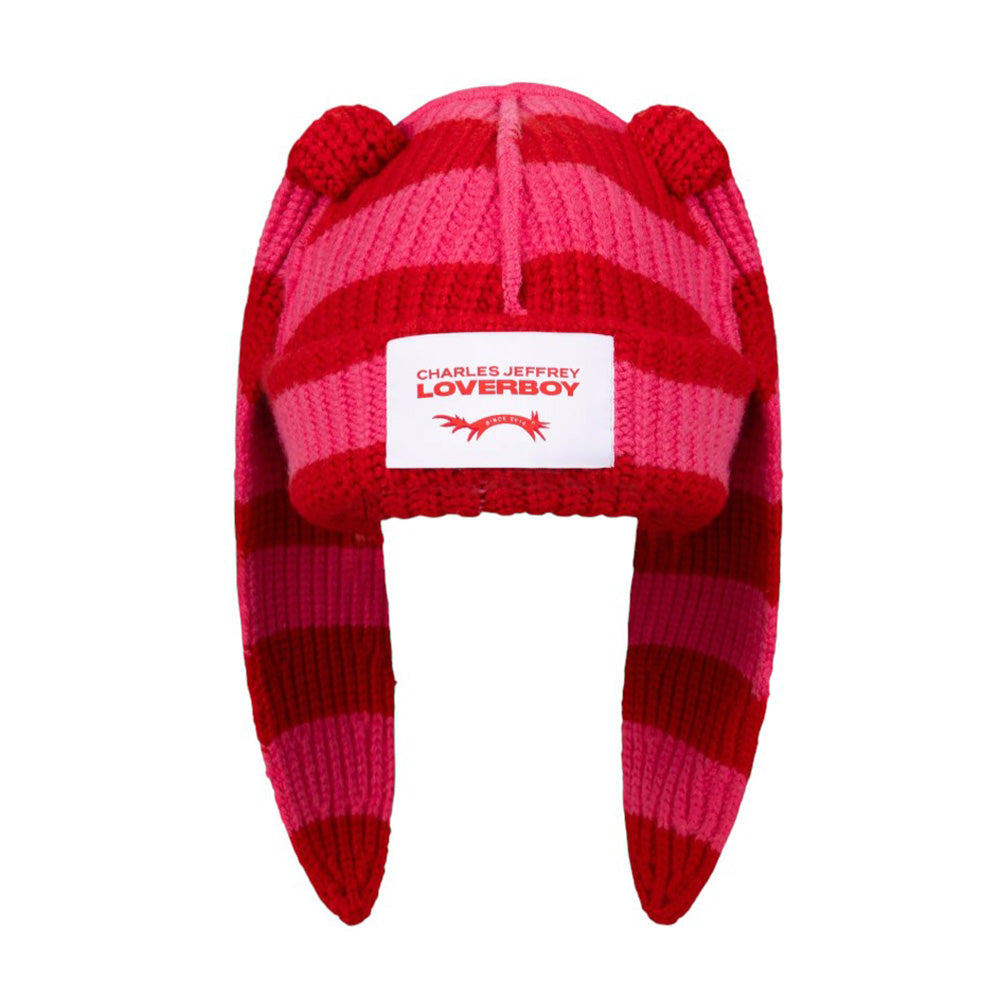 CHARLES JEFFREY LOVERBOY CHUNKY RABBIT BEANIE in RED PINK STRIPE
