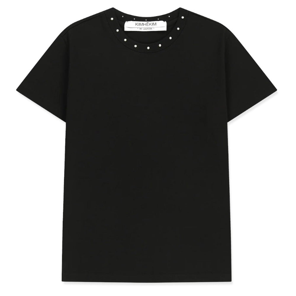 KIMHEKIM PEARL EMBELLISHED NECK LINE SLIM FIT T-SHIRT